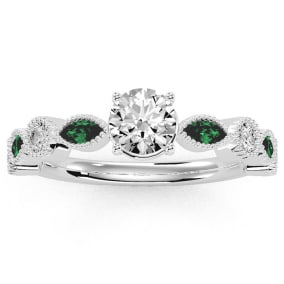 1 1/4 Carat Natural Round and Marquise Vintage Diamond and Emerald Engagement Ring In 14 Karat White Gold