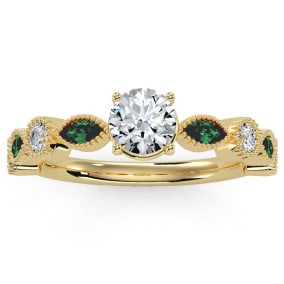 1 1/4 Carat Natural Round and Marquise Vintage Diamond and Emerald Engagement Ring In 14 Karat Yellow Gold
