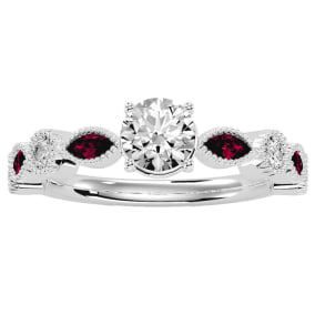 1 1/4 Carat Natural Round and Marquise Vintage Diamond and Ruby Engagement Ring In 14 Karat White Gold