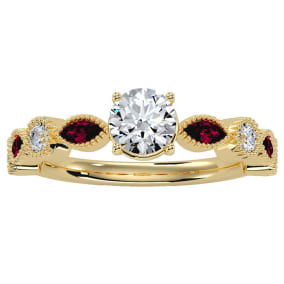 1 1/4 Carat Round and Marquise Vintage Diamond and Ruby Engagement Ring In 14 Karat Yellow Gold