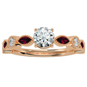 1 1/4 Carat Round and Marquise Vintage Diamond and Ruby Engagement Ring In 14 Karat Rose Gold