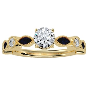 1 1/4 Carat Natural Round and Marquise Vintage Diamond and Sapphire Engagement Ring In 14 Karat Yellow Gold