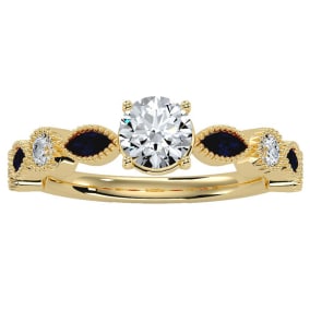 1 1/4 Carat Round and Marquise Vintage Diamond and Sapphire Engagement Ring In 14 Karat Yellow Gold