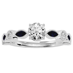 1 1/4 Carat Natural Round and Marquise Vintage Diamond and Sapphire Engagement Ring In 14 Karat White Gold
