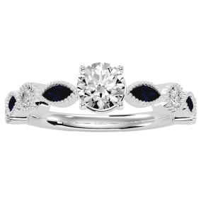 1 1/4 Carat Round and Marquise Vintage Diamond and Sapphire Engagement Ring In 14 Karat White Gold