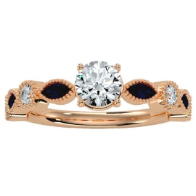 1 1/4 Carat Round and Marquise Vintage Diamond and Sapphire Engagement Ring In 14 Karat Rose Gold