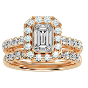 3 Carat Emerald Cut Halo Diamond Bridal Set In 14 Karat Rose Gold