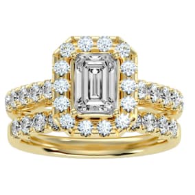 3 Carat Emerald Cut Halo Diamond Bridal Set In 14 Karat Yellow Gold