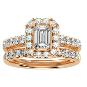 2 1/2 Carat Emerald Cut Halo Diamond Bridal Set In 14 Karat Rose Gold