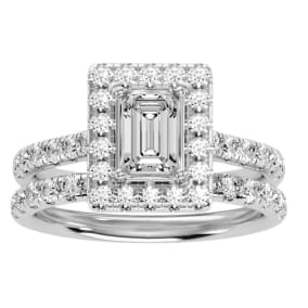 2 1/2 Carat Emerald Cut Halo Diamond Bridal Set In 14 Karat White Gold. Beautiful Brand New Style At Far Below Market Value!