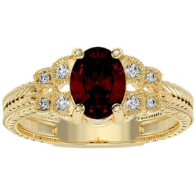 1 1/2 Carat Oval Shape Garnet and Diamond Ring In 10 Karat Yellow Gold