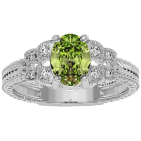 1 1/2 Carat Oval Shape Peridot and Diamond Ring In 10 Karat White Gold