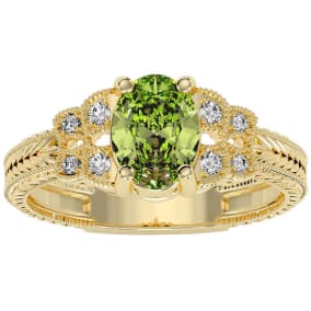 1 1/2 Carat Oval Shape Peridot and Diamond Ring In 10 Karat Yellow Gold