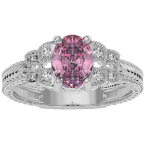 1 Carat Oval Shape Pink Topaz and Diamond Ring In 10 Karat White Gold