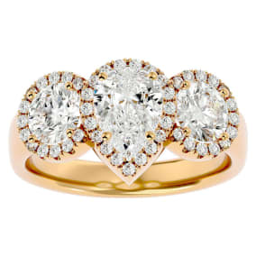 2 1/2 Carat Pear Shape Halo Diamond Three Stone Ring In 14 Karat Yellow Gold