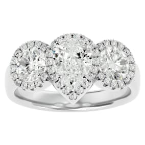 2 1/2 Carat Natural Pear Shape Halo Diamond Three Stone Ring In 14 Karat White Gold