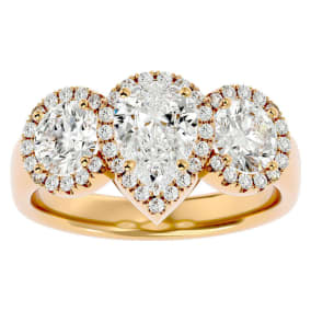 2 1/2 Carat Natural Pear Shape Halo Diamond Three Stone Ring In 14 Karat Yellow Gold