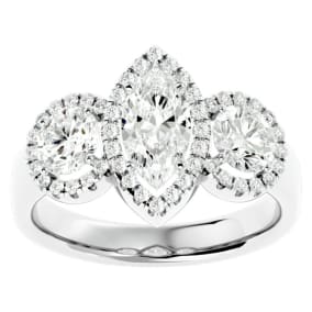 2 1/2 Carat Natural Marquise Shape Halo Diamond Three Stone Ring In 14 Karat White Gold