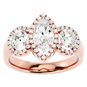 2 1/2 Carat Marquise Shape Halo Diamond Three Stone Ring In 14 Karat Rose Gold