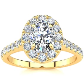 Moissanite Engagement Ring; 1 1/2 Carat Oval Shape Halo Moissanite Engagement Ring in 14k Yellow Gold. Fiery Amazing Moissanite!