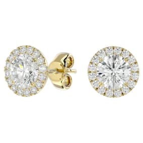 2.50 Carat Fiery Moissanite Halo Earrings Crafted In Solid 14K Yellow Gold.  You Will Love These Wonderful Earrings!