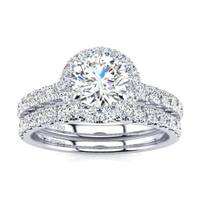 1 1/2 Carat Natural Pave Halo Diamond Bridal Set in Platinum