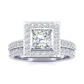 1 1/2 Carat Natural Princess Cut Floating Pave Halo Diamond Bridal Set in Platinum
