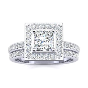 1 1/2 Carat Princess Cut Floating Pave Halo Diamond Bridal Set in Platinum
