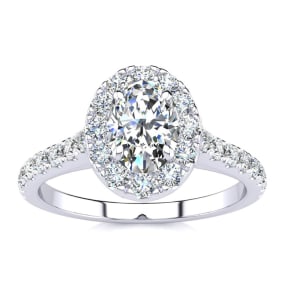 1 Carat Natural Oval Shape Halo Diamond Engagement Ring in 14 Karat White Gold