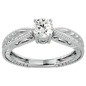 Moissanite Engagement Ring; 1/2 Carat Moissanite Solitaire Engagement Ring with Tapered Etched Band In 14 Karat White Gold