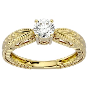 Moissanite Engagement Ring; 1/2 Carat Moissanite Solitaire Engagement Ring with Tapered Etched Band In 14 Karat Yellow Gold