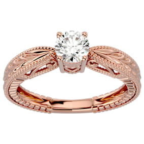 Moissanite Engagement Ring; 1/2 Carat Moissanite Solitaire Engagement Ring with Tapered Etched Band In 14 Karat Rose Gold