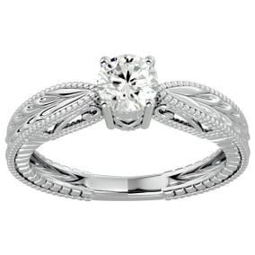 1/2 Carat Diamond Round Engagement Rings with Tapered Etched Band In 14 Karat White Gold