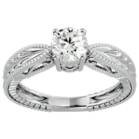 3/4 Carat Diamond Round Engagement Rings with Tapered Etched Band In 14 Karat White Gold