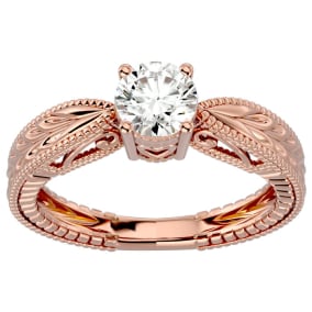 Round Engagement Rings, 3/4 Carat Diamond Solitaire Engagement Ring with Tapered Etched Band Crafted In 14 Karat Rose Gold
