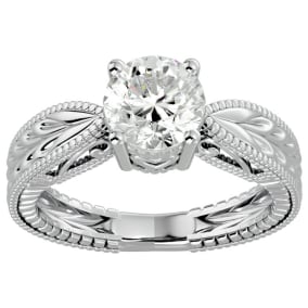 Round Engagement Rings, 1 1/2 Carat Diamond Solitaire Engagement Ring with Tapered Etched Band Crafted In 14 Karat White Gold