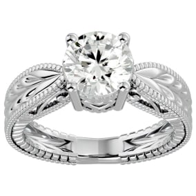 Round Engagement Rings, 2 Carat Diamond Solitaire Engagement Ring with Tapered Etched Band Crafted In 14 Karat White Gold