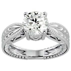 2 Carat Natural Diamond Round Engagement Rings with Tapered Etched Band In 14 Karat White Gold