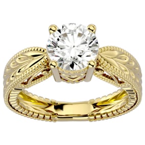 Round Engagement Rings, 2 Carat Diamond Solitaire Engagement Ring with Tapered Etched Band Crafted In 14 Karat Yellow Gold