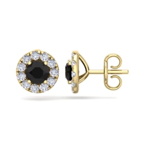 2 1/2 Carat Black Diamond Halo Stud Earrings In 14 Karat Yellow Gold