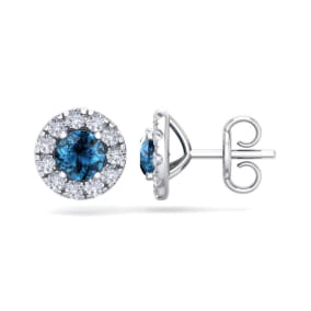 2 1/2 Carat Blue Diamond Halo Stud Earrings In 14 Karat White Gold