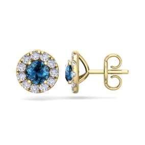 2 1/2 Carat Blue Diamond Halo Stud Earrings In 14 Karat Yellow Gold