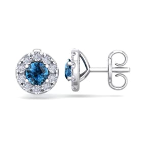 1 1/2 Carat Blue Diamond Halo Stud Earrings In 14 Karat White Gold