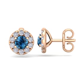 1 1/2 Carat Blue Diamond Halo Stud Earrings In 14 Karat Rose Gold