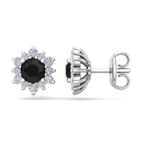 1 Carat Round Shape Flower Black Diamond Halo Stud Earrings In 14 Karat White Gold