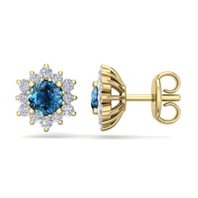 1 Carat Round Shape Flower Blue Diamond Halo Stud Earrings In 14 Karat Yellow Gold