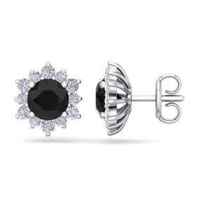 2 Carat Round Shape Flower Black Diamond Halo Stud Earrings In 14 Karat White Gold