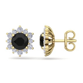 2 Carat Round Shape Flower Black Diamond Halo Stud Earrings In 14 Karat Yellow Gold