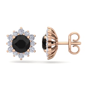 2 Carat Round Shape Flower Black Diamond Halo Stud Earrings In 14 Karat Rose Gold