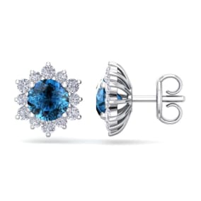 2 Carat Round Shape Flower Blue Diamond Halo Stud Earrings In 14 Karat White Gold